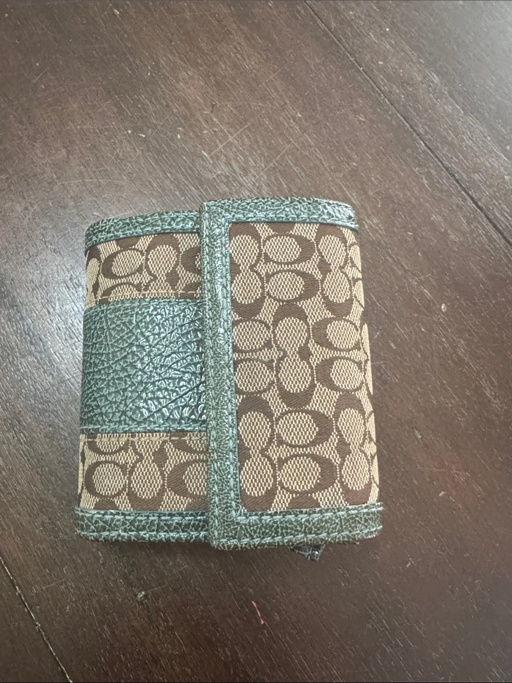 Coach Brown Signature Canvas Trifold Wallet with teal Leather Trim